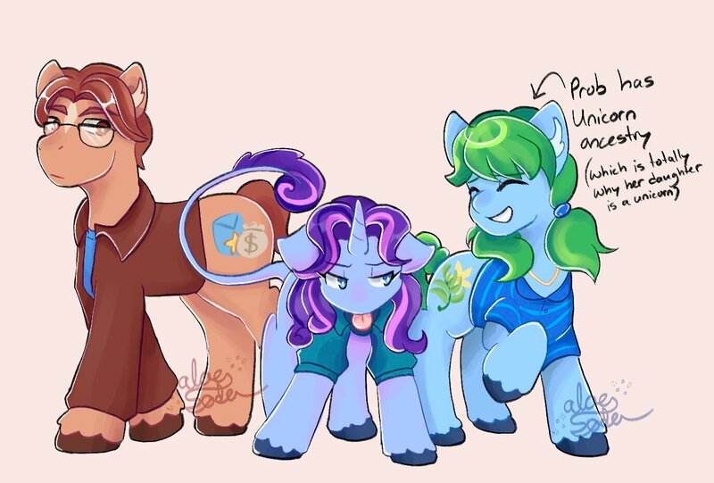 Size: 1375x929 | Tagged: safe, artist:aloe_soda, derpibooru import, ponified, earth pony, pony, unicorn, abigail (stardew valley), caroline (stardew valley), clothes, cutie mark, eyes closed, family, father and child, father and daughter, female, glasses, husband and wife, image, jacket, jpeg, lidded eyes, looking sideways, male, mare, mother and child, mother and daughter, pierre (stardew valley), shirt, smiling, stallion, stardew valley, text, tongue out