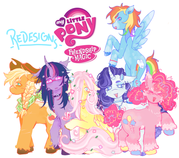 Size: 1700x1500 | Tagged: safe, artist:rulakkuma, derpibooru import, applejack, fluttershy, pinkie pie, rainbow dash, rarity, twilight sparkle, wheat grass, earth pony, pegasus, pony, unicorn, ><, alternate design, applejack's hat, bandana, beanbrows, beauty mark, blaze (coat marking), blue eyes, blushing, braid, braided ponytail, cheek fluff, chest fluff, choker, chubby, coat markings, colored eartips, colored eyebrows, colored hooves, colored wings, colored wingtips, cowboy hat, curly mane, curly tail, curved horn, ear fluff, ear piercing, ear tufts, earring, eyebrows, eyelashes, eyes closed, eyeshadow, facial markings, female, flower, flower in hair, flower in tail, flying, folded wings, freckles, frown, g4, glasses, green eyes, group, hair accessory, hairclip, hat, hooves, horn, image, jewelry, leaves, leaves in hair, leaves in tail, lidded eyes, long tail, looking back, makeup, mane six, mare, messy mane, messy tail, mouth hold, multicolored hair, multicolored hooves, multicolored mane, multicolored wings, necklace, no mouth, open mouth, open smile, pale belly, pearl necklace, piercing, pink eyes, pink mane, pink tail, png, ponytail, profile, purple mane, purple tail, rainbow hair, rainbow tail, raised hoof, redesign, scar, smiling, socks (coat marking), splotches, spread wings, standing, straight mane, tail, unicorn twilight, unshorn fetlocks, wall of tags, wings