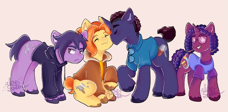 Size: 1670x824 | Tagged: safe, artist:aloe_soda, derpibooru import, ponified, earth pony, pony, unicorn, brother and sister, clothes, cutie mark, eyes closed, family, father and child, father and daughter, father and son, female, glasses, hoodie, husband and wife, image, jacket, jpeg, kiss on the cheek, kissing, lidded eyes, looking back, male, mare, mother and child, mother and daughter, mother and son, sebastian (stardew valley), shirt, siblings, sitting, smiling, stallion, stardew valley