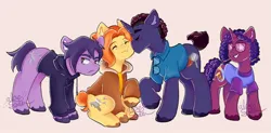 Size: 1670x824 | Tagged: safe, artist:aloe_soda, derpibooru import, ponified, earth pony, pony, unicorn, brother and sister, clothes, cutie mark, eyes closed, family, father and child, father and daughter, father and son, female, glasses, hoodie, husband and wife, image, jacket, jpeg, kiss on the cheek, kissing, lidded eyes, looking back, male, mare, mother and child, mother and daughter, mother and son, sebastian (stardew valley), shirt, siblings, sitting, smiling, stallion, stardew valley