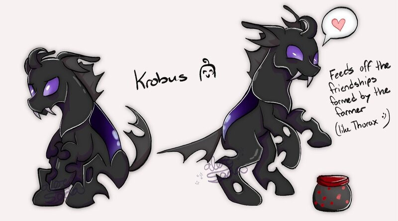 Size: 1487x825 | Tagged: safe, artist:aloe_soda, derpibooru import, changeling, pony, changelingified, fangs, food, frown, heart, image, jpeg, krobus (stardew valley), male, rearing, sitting, smiling, species swap, stallion, stardew valley, text, void mayonnaise