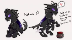 Size: 1487x825 | Tagged: safe, artist:aloe_soda, derpibooru import, changeling, pony, changelingified, fangs, food, frown, heart, image, jpeg, krobus (stardew valley), male, rearing, sitting, smiling, species swap, stallion, stardew valley, text, void mayonnaise