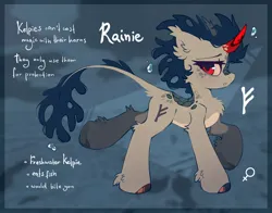 Size: 2300x1800 | Tagged: safe, artist:mirtash, derpibooru import, oc, oc:rainie, unofficial characters only, kelpie, pony, unicorn, abstract background, adoptable, blue mane, blue tail, body freckles, border, chest fluff, colored hooves, colored horn, colored sclera, ear fluff, ear tufts, eyelashes, fangs, female, fetlock tuft, freckles, frown, horn, image, jpeg, leg fluff, leonine tail, looking back, mare, pale belly, profile, raised hoof, raised hooves, red eyes, sad eyes, scales, shiny hoof, solo, standing, tail, text, unicorn oc, wingding eyes