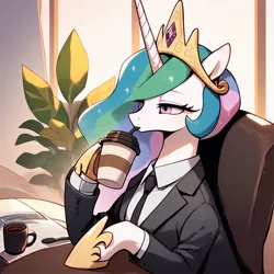 Size: 1024x1024 | Tagged: safe, ai content, derpibooru import, machine learning generated, prompter:theairrevolution, princess celestia, alicorn, pony, clothes, coffee, coffee cup, crown, cup, desk, female, image, jewelry, jpeg, lidded eyes, mare, necktie, office, regalia, solo, suit