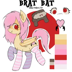 Size: 2048x2048 | Tagged: safe, derpibooru import, oc, bat pony, pony, clothes, cross-eyed, female, filly, foal, hat, image, not flutterbat, pink mane, png, red eyes, reference sheet, socks, thigh highs, ushanka, yellow coat