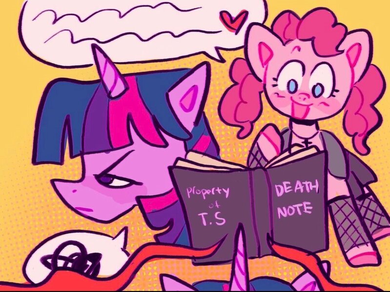 Size: 1170x879 | Tagged: safe, artist:alexbeeza, derpibooru import, pinkie pie, twilight sparkle, earth pony, pony, unicorn, annoyed, blue eyes, blushing, clothes, colored pinnae, curly mane, death note, dress, duo, duo female, female, fishnet clothing, frown, g4, heart, horn, image, jewelry, jpeg, lesbian, light yagami, looking down, mare, misa amane, multicolored mane, narrowed eyes, necklace, open mouth, open smile, patterned background, pink mane, profile, purple eyes, raised hoof, shipping, smiling, speech bubble, straight mane, talking, text, twilight sparkle is not amused, twinkie, unamused, unicorn twilight