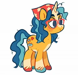 Size: 2048x1988 | Tagged: safe, artist:alexbeeza, derpibooru import, oc, unofficial characters only, pony, unicorn, bandana, base used, beauty mark, blaze (coat marking), blushing, coat markings, colored hooves, colored horn, curly mane, curly tail, cyan hair, cyan mane, facial markings, glasses, hooves, horn, image, jpeg, lidded eyes, looking down, multicolored hooves, pale belly, ponysona, purple eyes, simple background, smiling, tail, two toned mane, two toned tail, unicorn oc, white background