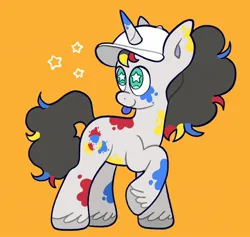 Size: 2048x1944 | Tagged: safe, artist:alexbeeza, derpibooru import, oc, oc:jawbreaker, unofficial characters only, pony, unicorn, baseball cap, blue tongue, cap, colored hooves, colored pinnae, commission, curly mane, curly tail, cyan eyes, hat, horn, image, jpeg, looking back, male, multicolored mane, multicolored tail, orange background, paint on fur, paint splatter, raised hoof, simple background, smiling, solo, stallion, standing, starry eyes, stars, tail, tongue out, unicorn oc, unshorn fetlocks, wingding eyes