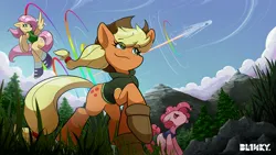Size: 3200x1800 | Tagged: safe, artist:bl1nky, derpibooru import, applejack, fluttershy, pinkie pie, rainbow dash, earth pony, pegasus, pony, clothes, cloud, cowboy hat, eye clipping through hair, eyebrows, eyebrows visible through hair, female, flying, g4, grass, hat, hoodie, image, jpeg, mare, mountain, raised hoof, shoes, sky, smiling, sonic rainboom, spread wings, stetson, tree, wings