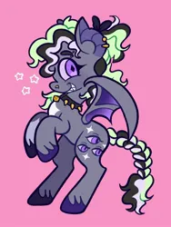 Size: 1536x2048 | Tagged: safe, artist:alexbeeza, derpibooru import, oc, oc:cryptid, unofficial characters only, bat pony, pony, bat pony oc, bat wings, bell, bell collar, braid, braided tail, coat markings, collar, colored eyebrows, colored hooves, colored pinnae, colored sclera, colored wings, commission, ear piercing, earring, eyebrow piercing, fangs, image, jewelry, jpeg, looking back, multicolored mane, multicolored tail, multicolored wings, nose piercing, piercing, pink background, ponysona, purple eyes, simple background, smiling, solo, spiked collar, standing, standing on two hooves, stars, tail, tied tail, unshorn fetlocks, wingding eyes, wings