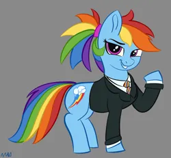 Size: 1301x1200 | Tagged: safe, artist:maonyman, derpibooru import, rainbow dash, pegasus, pony, business suit, clothes, drawthread, female, gray background, image, looking at you, mare, necktie, png, ponytail, raised hoof, simple background, smiling, smirk, smug, solo, suit