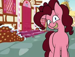 Size: 1597x1216 | Tagged: semi-grimdark, artist:isaac_pony, derpibooru import, pinkie pie, earth pony, pony, creepy, creepy smile, creepypasta, dialogue, horseshoes, image, looking at you, png, ponyville, smiling, smiling at you, smiling necromorph pie, sugarcube corner, suicide