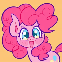 Size: 2048x2048 | Tagged: safe, artist:alexbeeza, derpibooru import, pinkie pie, earth pony, pony, big ears, blue eyes, blushing, colored pinnae, curly mane, eyebrows, eyebrows visible through hair, eyelashes, female, g4, image, jpeg, looking at you, mare, open mouth, open smile, orange background, pink mane, pink tail, simple background, smiling, smiling at you, solo, starry eyes, tail, wingding eyes