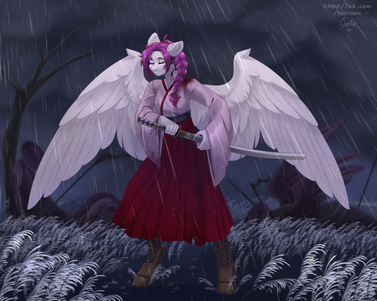 Size: 2711x2170 | Tagged: safe, artist:tenta, derpibooru import, oc, oc:ellie berryheart, unofficial characters only, anthro, pegasus, blood, corpse, corpse paint, female, flower, image, japanese, katana, moon runes, night, pigtails, png, rain, samurai, solo, sword, vegetation, weapon, wings
