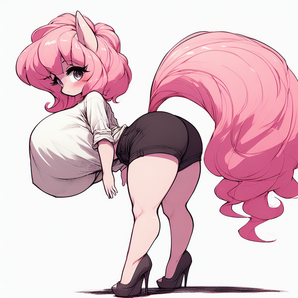 Size: 1024x1024 | Tagged: suggestive, ai content, derpibooru import, machine learning generated, pinkie pie, anthro, adorasexy, big breasts, blushing, breasts, busty pinkie pie, butt, butt shot, clothes, curvy, cute, female, g4, hanging breasts, high heels, hourglass figure, huge breasts, huge butt, image, impossibly large breasts, impossibly thin waist, large butt, leaning forward, looking at you, looking back, looking back at you, png, prompter:horselover fat, sexy, shoes, short shirt, shorts, side view, sideboob, simple background, solo, standing, stupid sexy pinkie, white background, white shirt