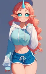 Size: 640x1024 | Tagged: safe, ai content, derpibooru import, editor:sammykun, machine learning generated, stable diffusion, ocellus, human, belly button, blushing, breasts, busty ocellus, clothes, cropped, cute, diaocelles, elf ears, female, generator:purplesmart.ai, hoodie, horn, horned humanization, humanized, image, long hair, long sleeves, looking at you, midriff, oversized clothes, png, prompter:sammykun, shadow, shorts, simple background, smiling, solo, thighs