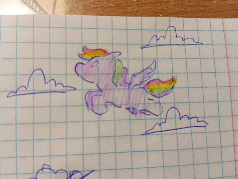 Size: 2048x1542 | Tagged: safe, artist:enjoy_mayer, derpibooru import, rainbow dash, pegasus, pony, cloud, flying, graph paper, image, jpeg, paper, photo, solo, traditional art