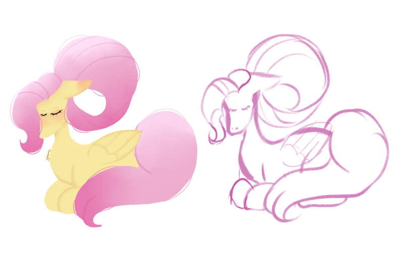 Size: 2497x1668 | Tagged: safe, artist:shqnnyhere, derpibooru import, fluttershy, pegasus, pony, alternate hairstyle, blushing, comparison, ear blush, eyes closed, image, lying down, png, ponyloaf, prone, simple background, sketch, solo, transparent background