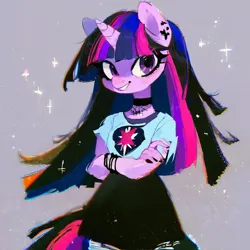 Size: 960x960 | Tagged: safe, ai content, derpibooru import, machine learning generated, prompter:kopaleo, stable diffusion, twilight sparkle, anthro, choker, clothes, crossed arms, generator:pony diffusion v6 xl, grin, image, png, shirt, skirt, smiling, solo