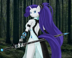 Size: 2500x2030 | Tagged: safe, artist:annonymouse, derpibooru import, rarity, anthro, alternate hairstyle, backless, clothes, dress, female, fingerless gloves, gloves, high res, image, looking back, png, ponytail, see-through, side slit, solo, sword, total sideslit, weapon