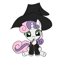Size: 1015x918 | Tagged: safe, artist:annonymouse, derpibooru import, sweetie belle, pony, unicorn, crossover, cute, diasweetes, fanfic art, female, filly, foal, gryffindor, harry potter (series), hat, image, magic wand, mouth hold, png, simple background, sitting, solo, white background, witch hat