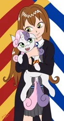 Size: 1976x3717 | Tagged: safe, artist:annonymouse, derpibooru import, sweetie belle, oc, oc:zwei gemini, human, pony, unicorn, crossover, fanfic art, female, filly, foal, gryffindor, harry potter (series), high res, holding a pony, hug, hugging a pony, human oc, image, one ear down, open mouth, open smile, png, ravenclaw, smiling