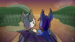 Size: 5120x2880 | Tagged: safe, artist:japkozjad, derpibooru import, oc, oc:dreamyway skies, oc:nightstaroc, unofficial characters only, bat pony, pony, bat pony oc, bat wings, female, female oc, hug, image, lake, looking forward, mare, png, scenery, shading, sitting, sunset, water, winghug, wings