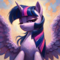 Size: 2048x2048 | Tagged: safe, ai content, derpibooru import, machine learning generated, prompter:krivovyaz, twilight sparkle, twilight sparkle (alicorn), alicorn, pony, disappointed, generator:bing image creator, generator:dall-e 3, image, looking at you, oil painting, png, serious, serious face, simple background, solo, spread wings, traditional art, wings