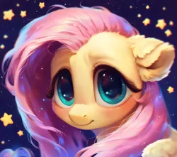Size: 1806x1594 | Tagged: safe, ai content, derpibooru import, machine learning assisted, machine learning generated, stable diffusion, fluttershy, pegasus, pony, beautiful, big eyes, blushing, cute, detailed hair, ear fluff, fluffy, g4, generator:purplesmart.ai, green eyes, image, looking at you, night, pink hair, png, prompter:saltyvity, shy, shyabetes, smiling, solo, space, sparkles, stars