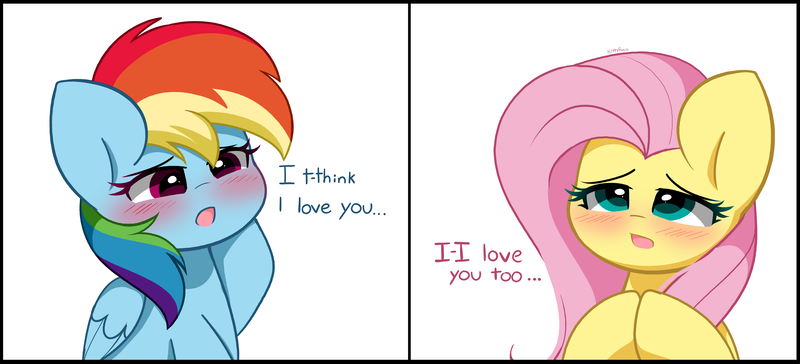 Size: 8143x3708 | Tagged: safe, artist:kittyrosie, derpibooru import, fluttershy, rainbow dash, pegasus, pony, blushing, confession, cute, dashabetes, female, flutterdash, image, lesbian, open mouth, png, shipping, shyabetes, text