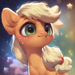 Size: 918x922 | Tagged: safe, ai content, derpibooru import, machine learning assisted, machine learning generated, stable diffusion, applejack, earth pony, pony, beautiful, big eyes, blushing, cute, cute face, detailed hair, ear fluff, fluffy, g4, generator:purplesmart.ai, green eyes, happy, image, night, png, prompter:saltyvity, smiley face, smiling, solo, space, sparkles, stars, yellow mane