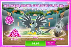 Size: 1958x1298 | Tagged: safe, derpibooru import, official, gabby, gryphon, advertisement, claws, costs real money, english, female, g4, gameloft, gem, image, introduction card, jpeg, mobile game, my little pony: magic princess, numbers, sale, solo, solo focus, spread wings, statue, text, wings