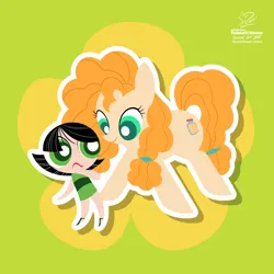 Size: 1920x1920 | Tagged: safe, artist:theratedrshimmer, derpibooru import, pear butter, earth pony, pony, buttercup, buttercup (powerpuff girls), crossover, curly hair, cute, duo, duo female, female, flower, image, looking at someone, minimalist, modern art, name pun, outline, png, smiling, the powerpuff girls, white outline