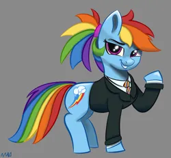 Size: 1301x1200 | Tagged: safe, artist:maonyman, derpibooru import, rainbow dash, pegasus, pony, business suit, clothes, drawthread, female, gray background, image, looking at you, mare, necktie, png, ponytail, raised hoof, shading, simple background, smiling, smirk, smug, solo, suit