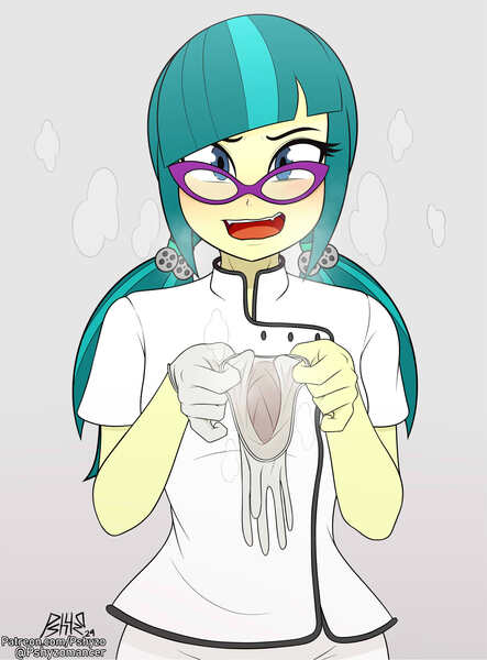 Size: 1361x1842 | Tagged: suggestive, artist:pshyzomancer, derpibooru import, juniper montage, human, equestria girls, blushing, clothes, g4, glasses, glove spread, gloves, heavy breathing, humanized, image, jpeg, looking at you