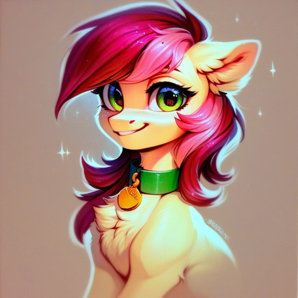 Size: 1024x1024 | Tagged: safe, ai content, derpibooru import, machine learning generated, prompter:doom9454, stable diffusion, roseluck, pony, bust, collar, cute, fluffy, generator:pony diffusion v6 xl, image, looking at you, pet tag, png, pony pet, portrait, rosepet