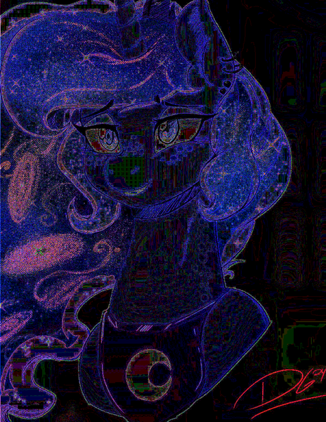 Size: 696x900 | Tagged: safe, artist:thelunarmoon, princess luna, alicorn, pony, bust, coat freckles, ear piercing, ethereal mane, eyeshadow, female, g4, galaxy mane, glitch art, grin, image, jpg difference, lidded eyes, makeup, mare, peytral, piercing, png, signature, smiling, solo, starry mane