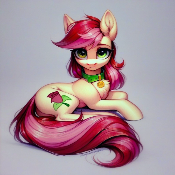 Size: 1024x1024 | Tagged: safe, ai content, derpibooru import, machine learning generated, prompter:doom9454, stable diffusion, roseluck, pony, butt, collar, cute, female, fluffy, generator:pony diffusion v6 xl, image, long tail, looking at you, lying down, mare, pet tag, plot, png, pony pet, rosepet, tail