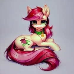 Size: 1024x1024 | Tagged: safe, ai content, derpibooru import, machine learning generated, prompter:doom9454, stable diffusion, roseluck, pony, butt, collar, cute, female, fluffy, generator:pony diffusion v6 xl, image, long tail, looking at you, lying down, mare, pet tag, plot, png, pony pet, rosepet, tail