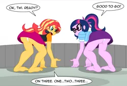 Size: 2185x1482 | Tagged: suggestive, artist:niban-destikim, derpibooru import, sci-twi, sunset shimmer, twilight sparkle, comic:the shrinking project, equestria girls, ass, barefoot, breasts, butt, buttcheeks, buttcrack, clothes, duo, duo female, feet, female, g4, image, jpeg, micro, panties, panty shot, underwear, white panties, white underwear