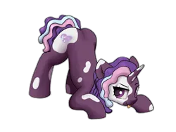 Size: 4000x3000 | Tagged: safe, artist:dumbwoofer, derpibooru import, violette rainbow, pony, unicorn, g5, :p, ear fluff, face down ass up, female, filly, foal, image, looking at you, png, simple background, solo, tongue out, transparent background, vitiligo