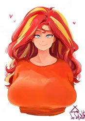 Size: 1400x2000 | Tagged: safe, artist:sozglitch, derpibooru import, sunset shimmer, human, big breasts, blush lines, blushing, breasts, bust, busty sunset shimmer, eye clipping through hair, female, floating heart, heart, huge breasts, humanized, image, jpeg, looking at you, simple background, smiling, smiling at you, solo, white background