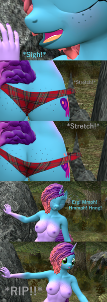 Size: 1920x5400 | Tagged: questionable, artist:papadragon69, derpibooru import, anthro, g5, 3d, ass, boob freckles, breasts, busty misty brightdawn, butt, butt freckles, chest freckles, clothes, comic, forest, freckles, image, intentional wardrobe malfunction, misty brightdawn, mistybutt, nature, nipples, nudity, panties, partial nudity, plaid, png, rebirth misty, rock, sigh, source filmmaker, stretching, thread, topless, tree, underwear, undressing, weird