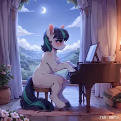 Size: 1024x1024 | Tagged: safe, ai content, derpibooru import, machine learning generated, prompter:raif, stable diffusion, oc, unofficial characters only, earth pony, pony, semi-anthro, chair, chest fluff, cloud, curtains, ear fluff, eyelashes, eyeliner, female, flower, fluffy, generator:easyfluff v11.2, hooves, image, indoors, jpeg, makeup, missing cutie mark, moon, musical instrument, nature, night, not shining armor, piano, red eyes, sad, shoulder fluff, side view, sitting, sky, solo, tail, two toned hair, two toned tail, unshorn fetlocks, watermark