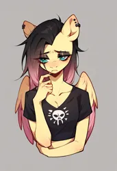 Size: 832x1216 | Tagged: safe, ai content, derpibooru import, machine learning generated, prompter:gullveigai, stable diffusion, fluttershy, anthro, alternate hairstyle, black hair, emo, g4, generator:pony diffusion v6 xl, image, png, solo