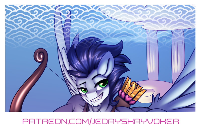 Size: 2796x1787 | Tagged: suggestive, artist:jedayskayvoker, derpibooru import, soarin', anthro, pegasus, pony, advertisement, arrow, bow, cupid, eyebrows, green eyes, image, looking at you, patreon, patreon preview, png, raised eyebrow, smiling, smiling at you, spread wings, wings