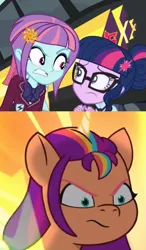 Size: 647x1105 | Tagged: safe, derpibooru import, sci-twi, sunny flare, sunny starscout, twilight sparkle, equestria girls, friendship games, g5, my little pony: tell your tale, angry, bully, bullying, defending, g4, glasses, image, meme, png, sunny and her heroine, sunny starscout is not amused, sunny starscout vs sunny flare, twilight sparkle is not amused, unamused