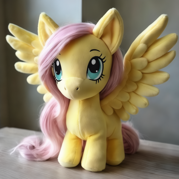 Size: 1536x1536 | Tagged: safe, ai content, derpibooru import, generator:stable cascade, machine learning generated, prompter:pawels, fluttershy, pegasus, pony, big ears, female, g4, image, mare, plushie, png, solo, spread wings, standing, wings