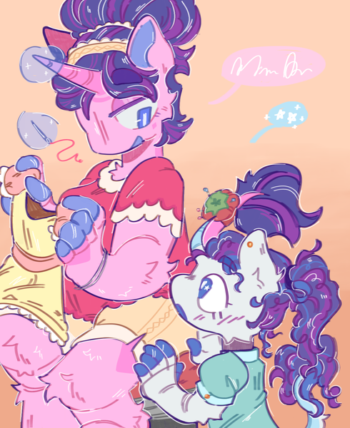 Size: 1289x1577 | Tagged: safe, artist:tottallytoby, derpibooru import, cookie crumbles, rarity, anthro, pony, unicorn, alternate hairstyle, arm fluff, blue eyes, blue hair, blushing, cheek fluff, clothes, colored eyebrows, colored horn, colored pinnae, curly hair, dress, duo, duo female, ear fluff, ear piercing, earring, eye clipping through hair, eyebrows, eyebrows visible through hair, female, filly, filly rarity, foal, g4, glow, glowing horn, gradient background, hair bun, headband, holding, hoof hands, horn, image, jewelry, leg fluff, leonine tail, lidded eyes, looking at each other, looking at someone, looking down, magic, mare, mother and child, mother and daughter, multicolored hair, multicolored tail, neck fluff, open mouth, open smile, piercing, png, ponytail, purple blush, purple mane, purple tail, sewing, shirt, shorts, sitting, smiling, speech bubble, starry eyes, stars, tail, talking, telekinesis, wingding eyes, younger