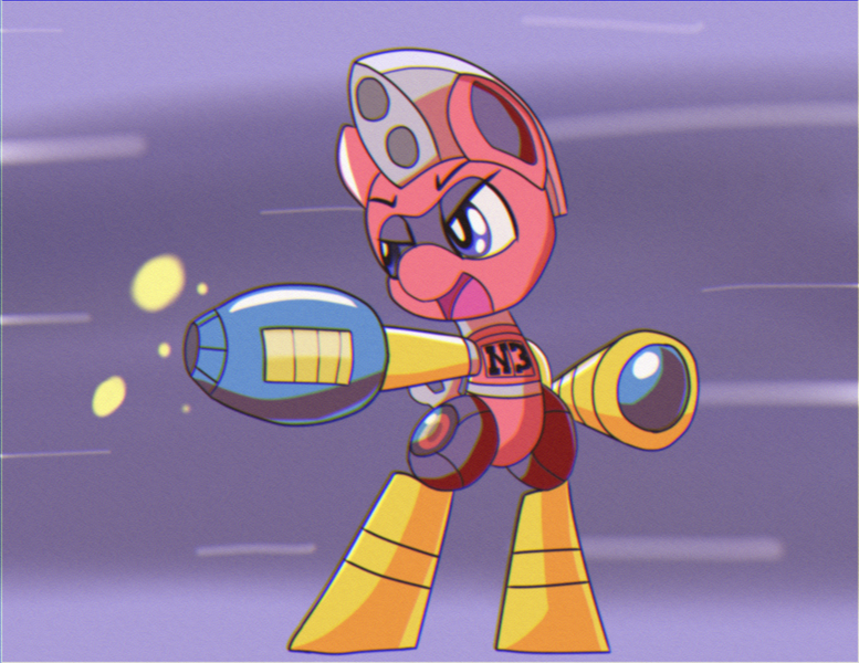 Size: 1500x1158 | Tagged: safe, artist:trackheadtherobopony, derpibooru import, oc, oc:trackhead, pony, robot, robot pony, arm cannon, bipedal, image, mega man (series), png, weapon